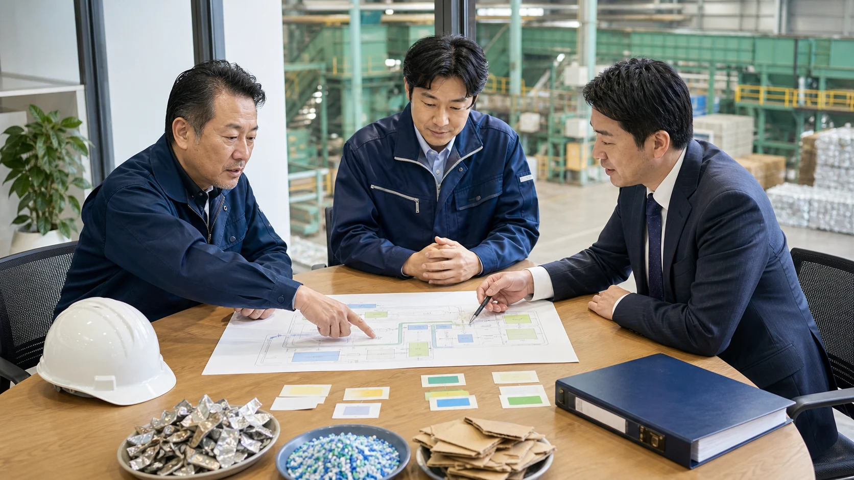 リサイクル事業のM&Aで許認可、設備、回収網、契約、引き継ぎ計画を確認する打ち合わせのイメージ